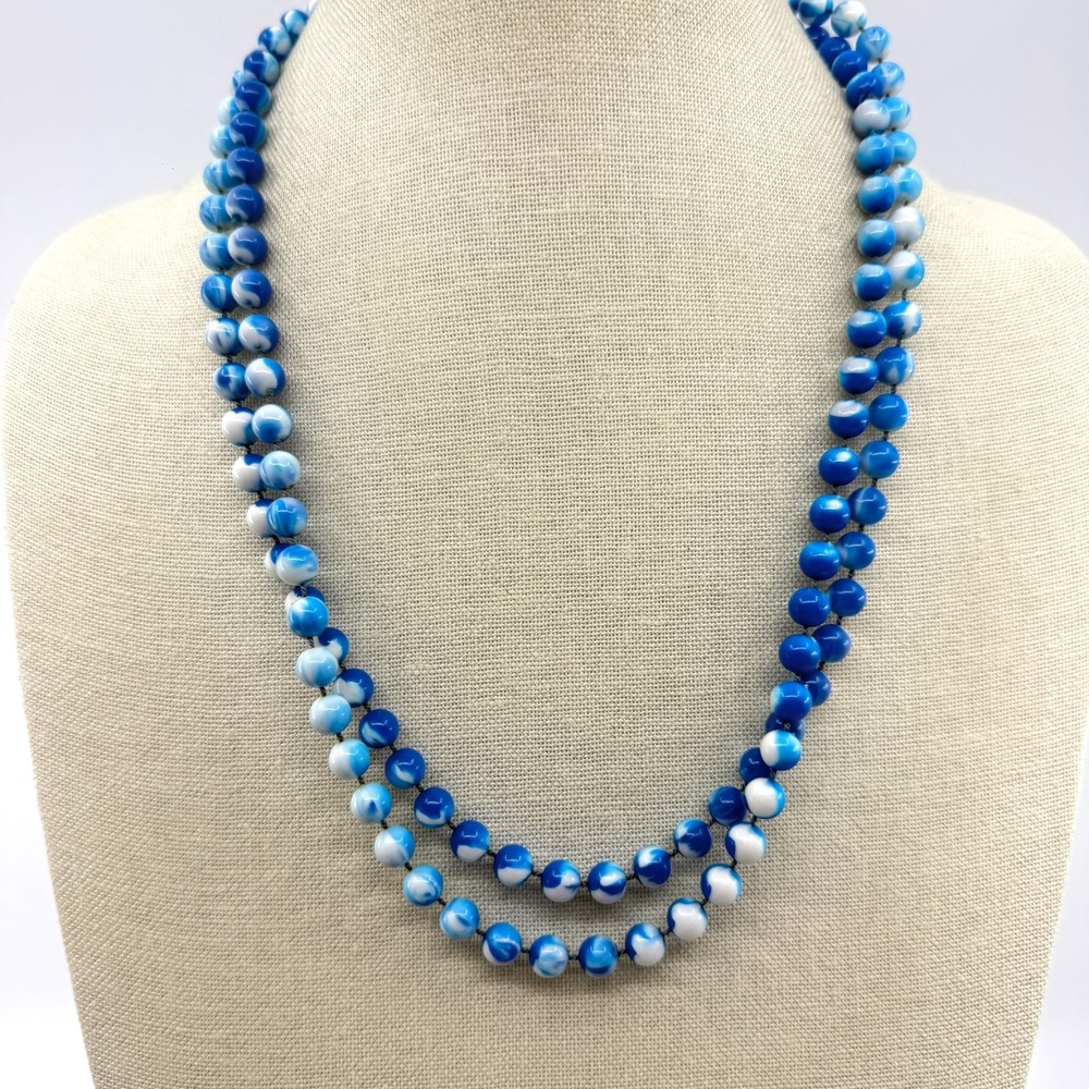 Long Blue Swirl Beaded Necklace Layering Strand Boho Statement Accessory Gift